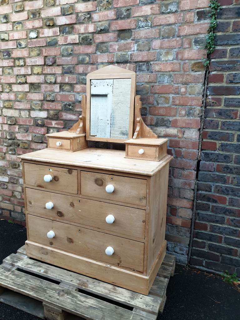 Antique Victorian Pine chest of drawers Dressing Table With Drawers And Mirror