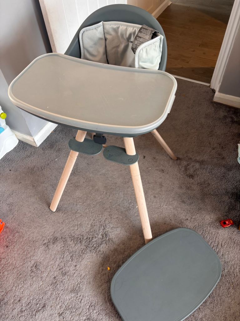 Modern Wooden High Chair with Tray & Cushion – Grey