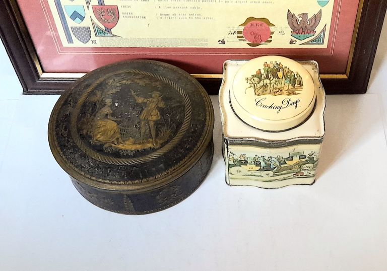 TWO VINTAGE TINS to RESTORE - BARET COACHING and EARLY CAKE TIN - SOUND