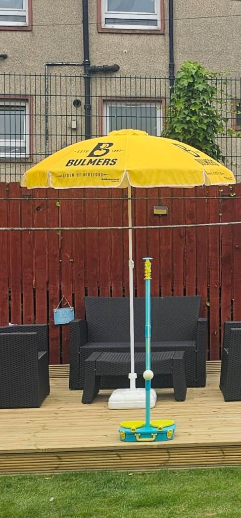 Bulmers Yellow Garden Parasol with Base – Good Condition