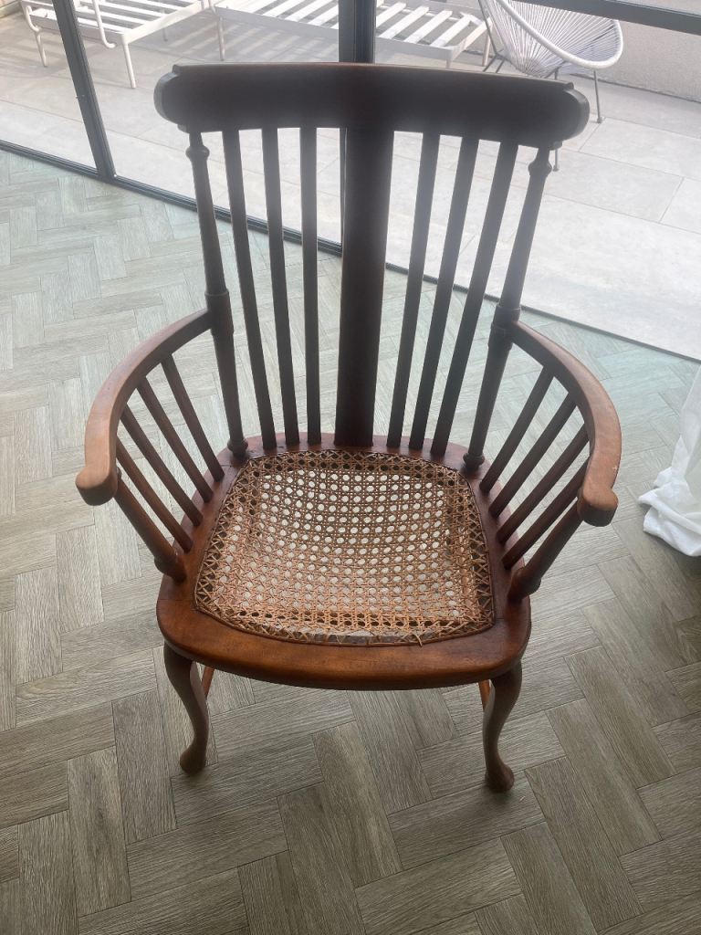 Vintage wooden high baked chair with arms - woven seat high baked chair 