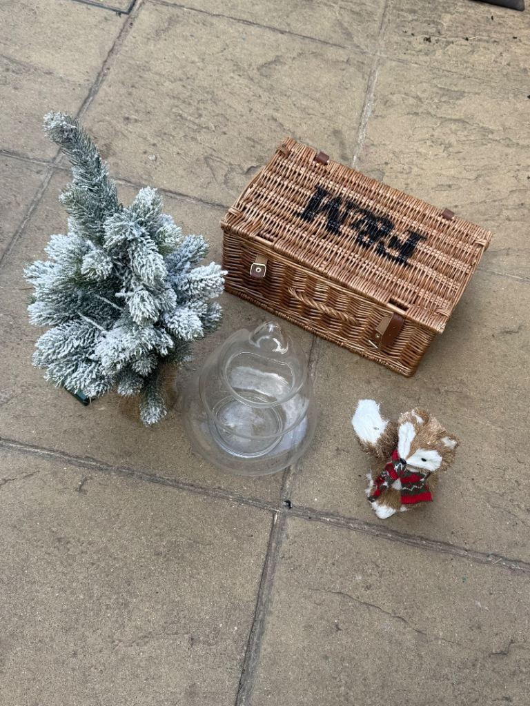Christmas Decorations Bundle - Frosted Tree, Fox, Glass Holder, Wicker Basket