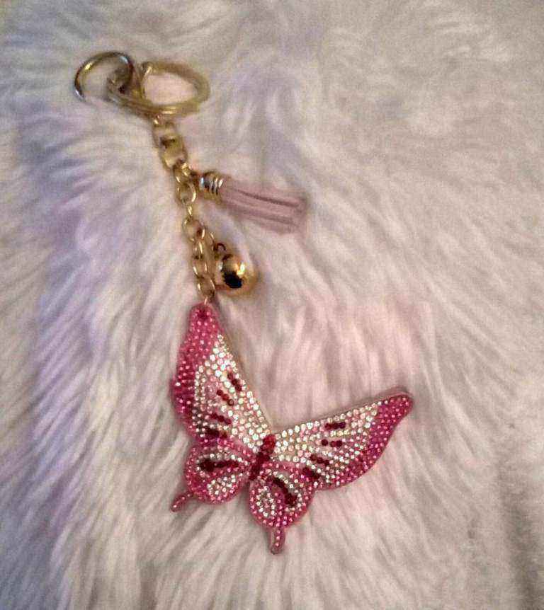 Glittery Rhinestones Pink and White Butterfly Tassels Keyring Charm.POST OR COLLECT!