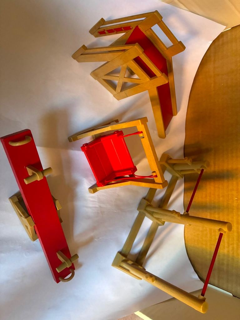 Multicoloured Wooden Toy Cranes and Building Blocks Set - Good Condition