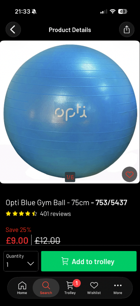 Opti Blue Gym Ball – 75cm, 