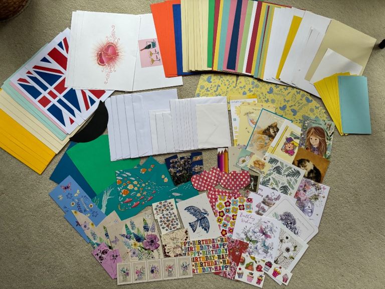 Coloured card, paper, envelopes, picture cards for crafting. £10 the lot. Collect Chichester
