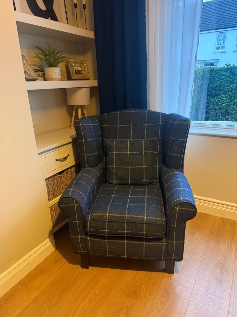 Blue Plaid Wingback Armchair – As Good As New