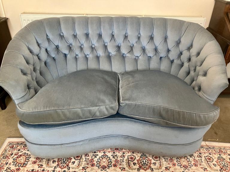 Edwardian Powder Blue Velvet Two Person Sofa Antique Vintage Feather Seat 