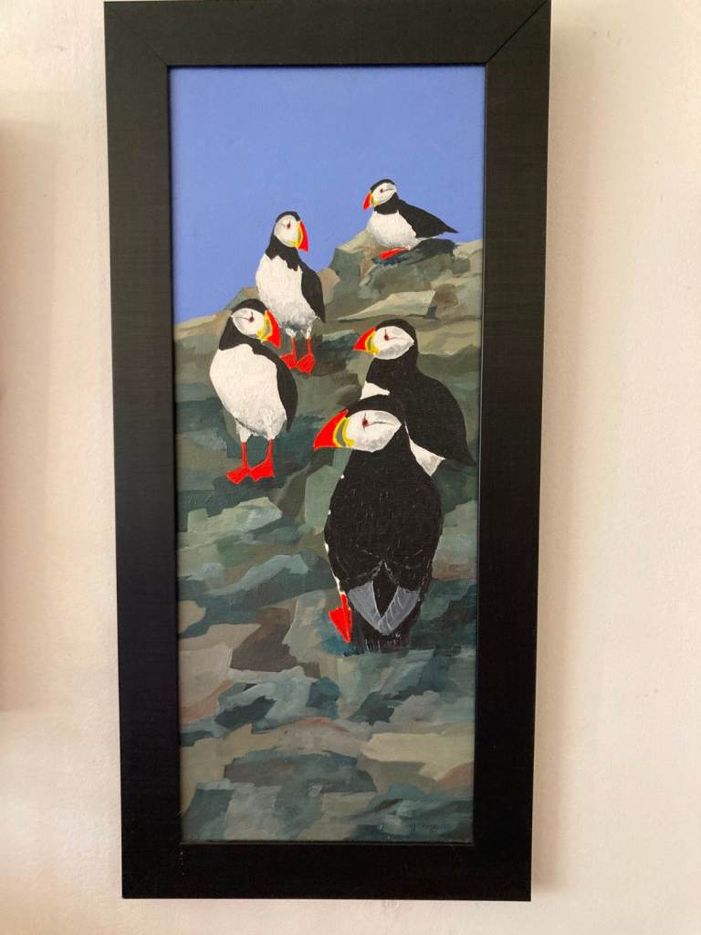 Original Puffin Painting in Black Frame – Good Condition
