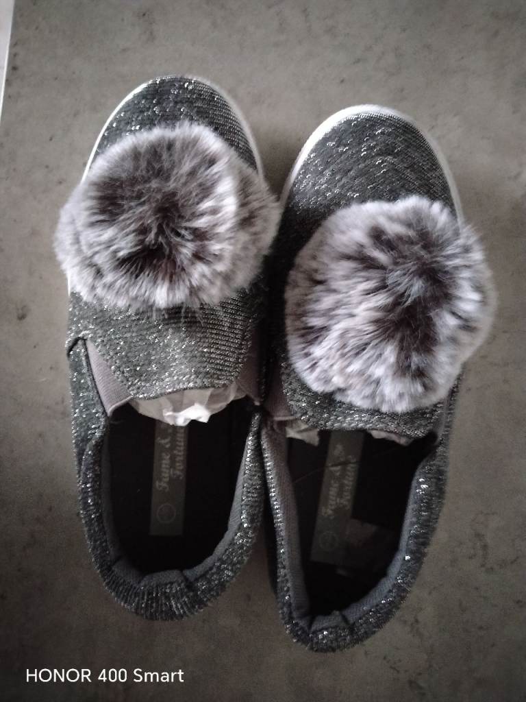 New Fame & Fortune Grey Sparkle Slip-On Shoes with Pom Poms