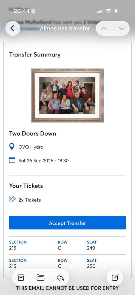 X2 Two doors down tickets Glasgow Hydro Saturday 26th September 