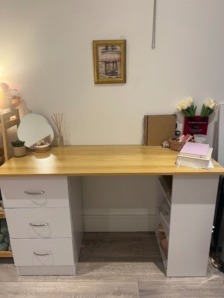 white+brown desk with storage 