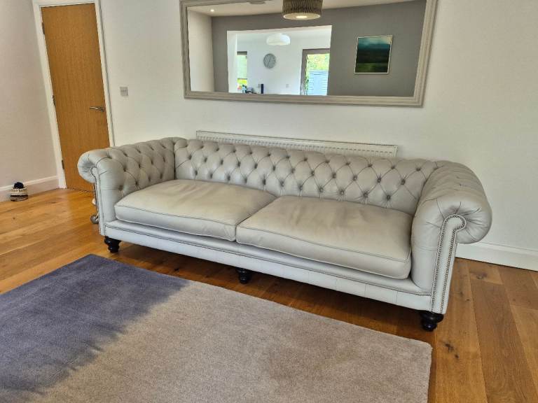 Very Large Pale Grey Leather Chesterfield Sofa – Good Condition