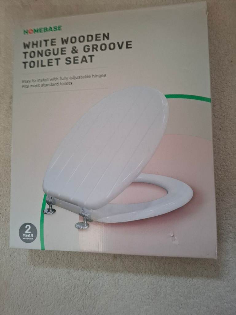 White wooden tongue & groove toilet seat