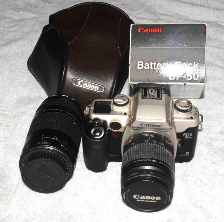 Canon EOS 50E Film Camera with Two Lenses and Battery Pack