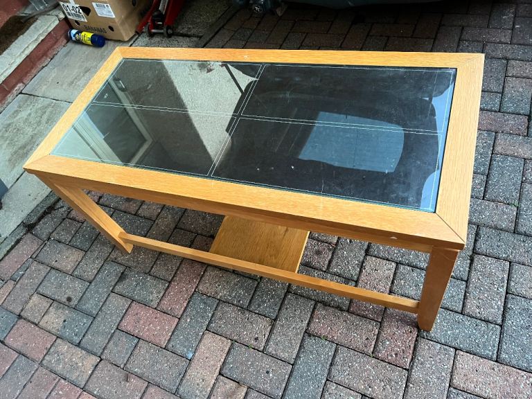 image for Coffee table, wood/glass, 52cm x 52 x 110 some marks but none in the glass