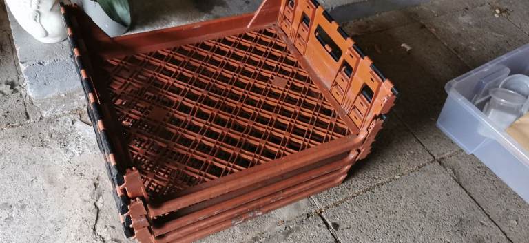Set of 4 Brown Plastic Storage Crates, Good Condition