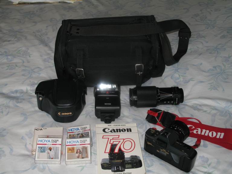 CANON T70 SLR FILM CAMERA AND ACCESSORIES