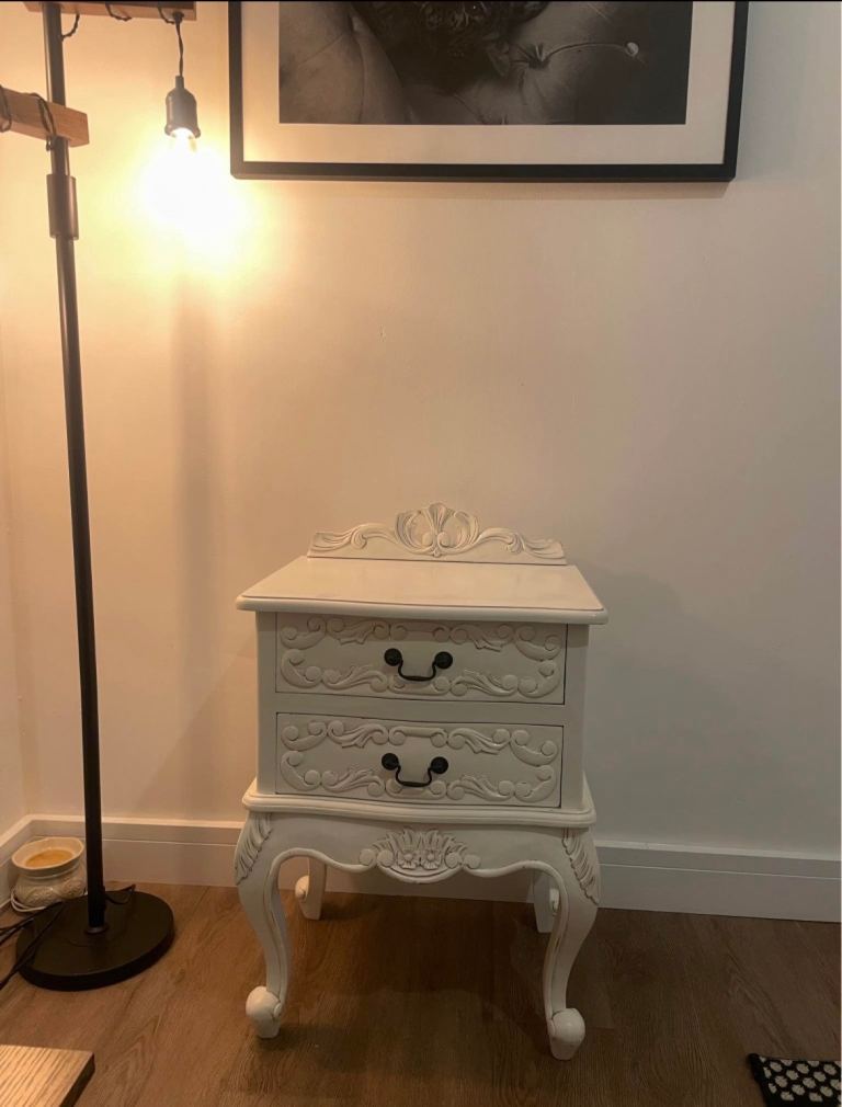 Louis XV White Rococo carved white distressed heavy French bedside table / side table