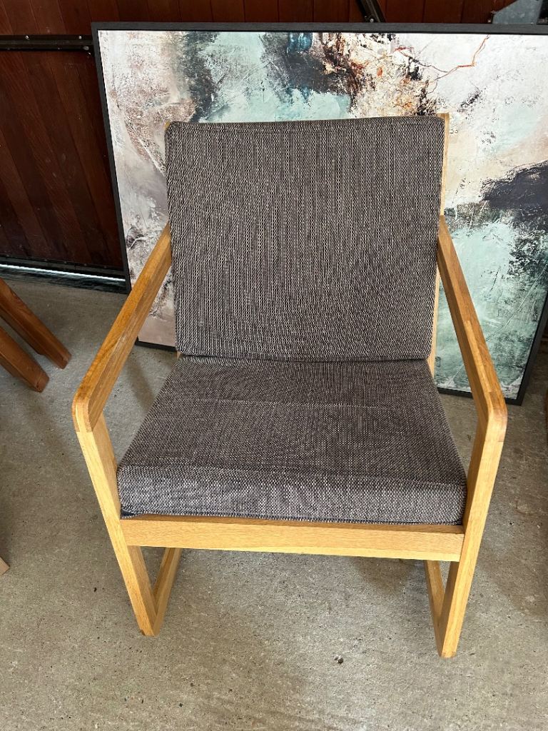 Wooden Rocking Armchair with Grey Fabric Cushion – Good Condition