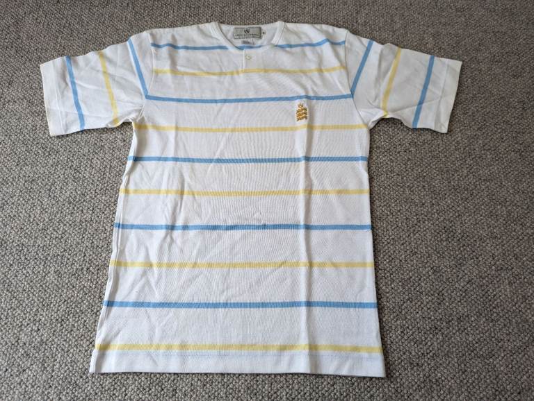 Men’s Kent & Curwen 100% cotton short sleeved white with blue and yellow stripes T-shirt