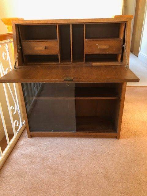 Wooden Bureau Desk with Glass Cabinet – Good Condition