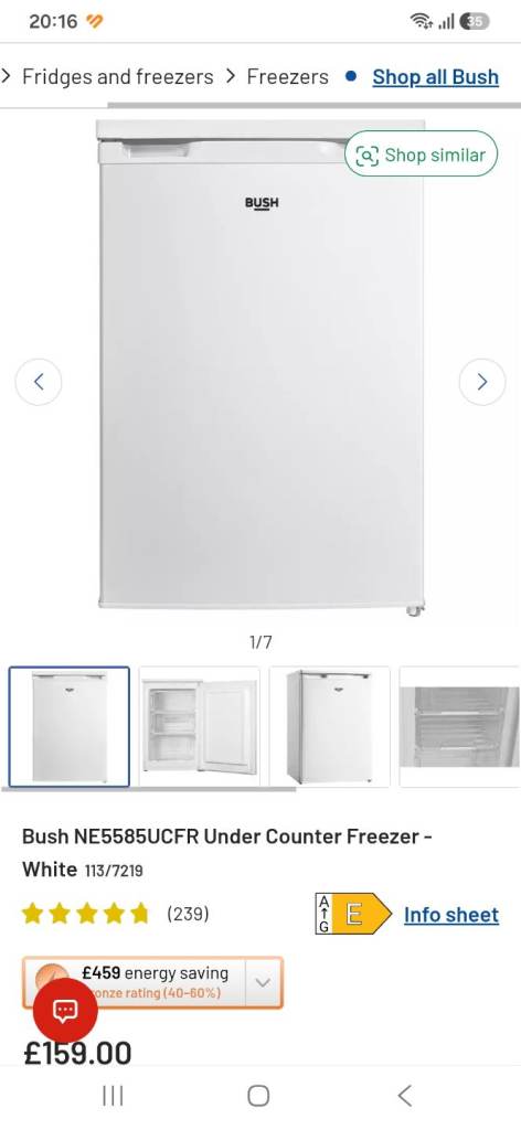 Bush Under Counter Freezer NE5585UCFR – White, Like New