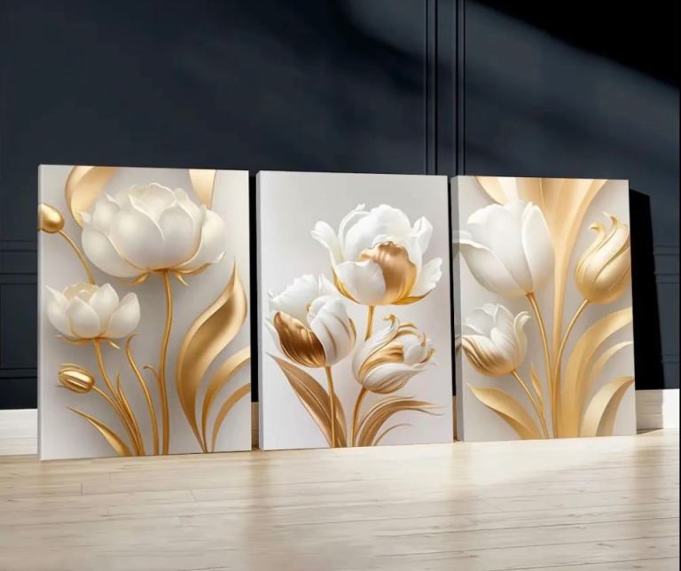 Stunning 3D Floral Wall Art Set – White & Gold, As Good As New