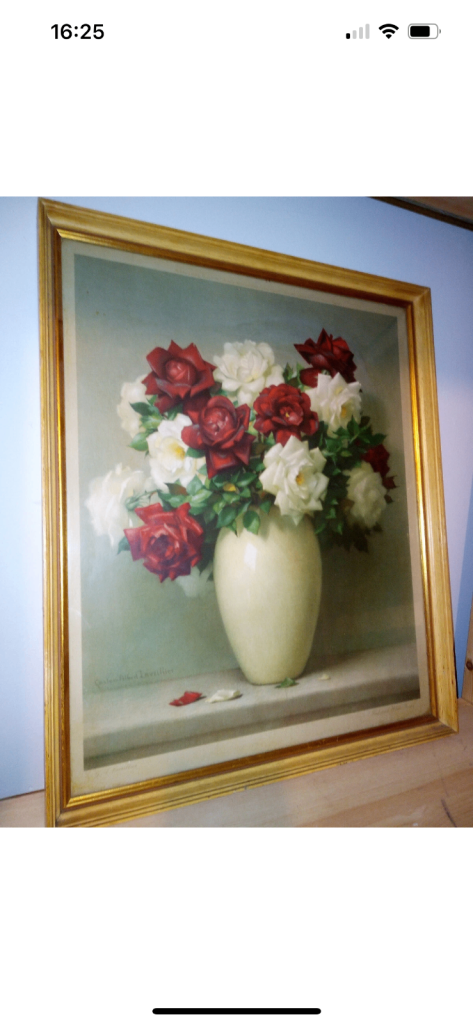 Vintage 1950s Print Red and White Roses Gaston Lavillier Frost & Reed framed 22” x 26”