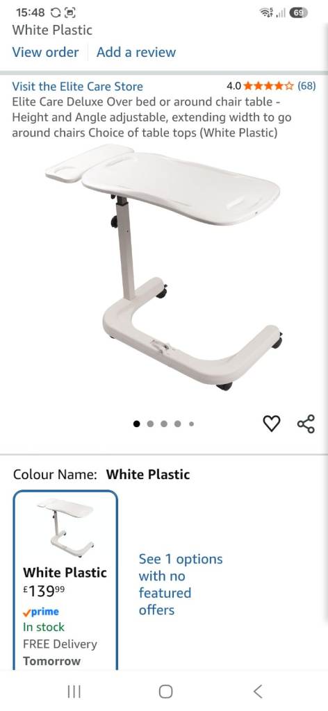 Elite Care Deluxe Over Bed/Chair Table - White Plastic, As Good As New