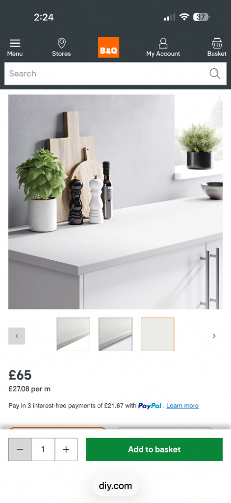 B&Q White kitchen worktop 3meters x4