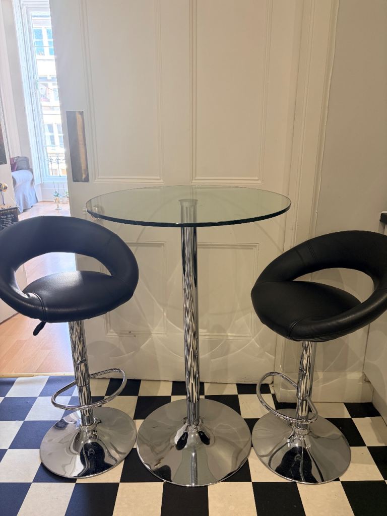 Glass Top Bar Table with Two Black leather Stools – Good Condition