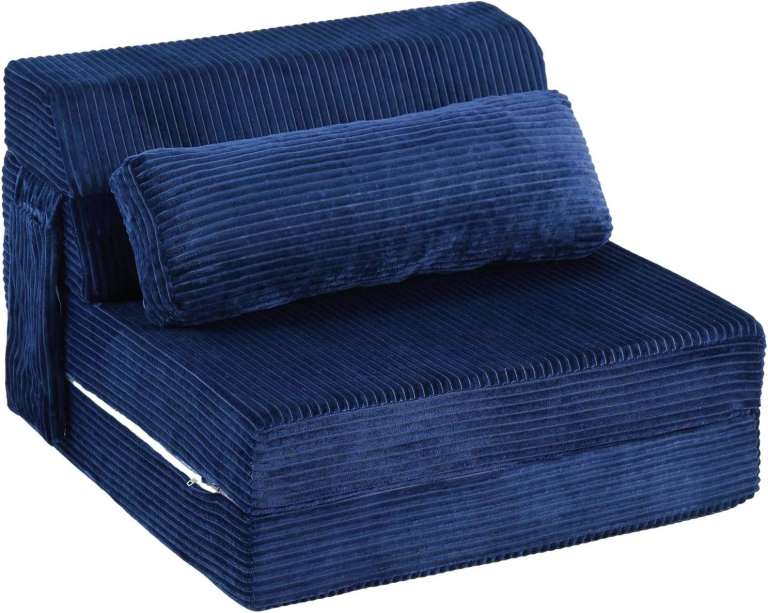 CHAIR BED, NEW DARK BLUE CORDUROY MATERIAL DETAILS BELOW