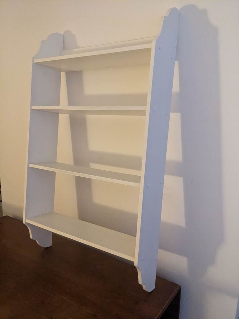 White Wooden Wall Shelf with Hooks – Good Condition