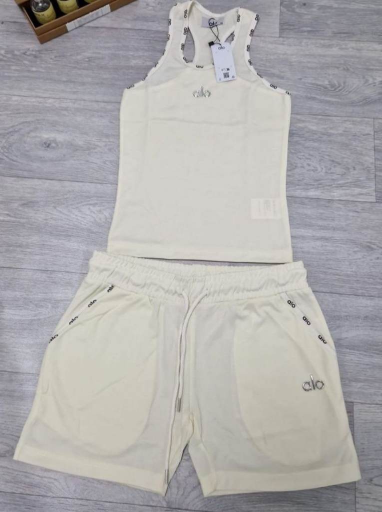 Alo Yoga Cream Ribbed Vest Top and Shorts Set - New with Tags