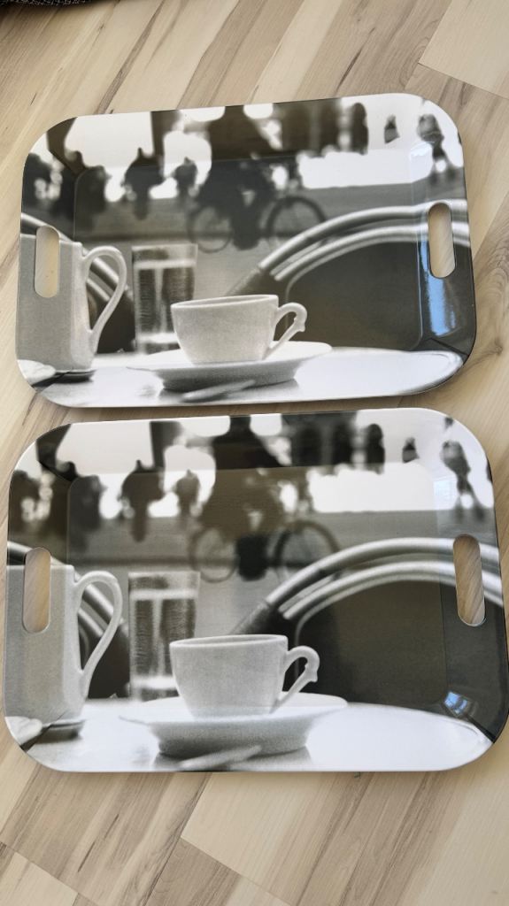 Pair of Rectangular Serving Trays with Cafe Scene Print