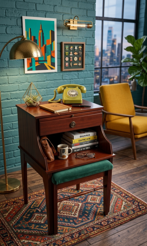 ​Retro Chippy Heath Mid-Century Hallway Bench / Phone charging corale  Table - Pristine