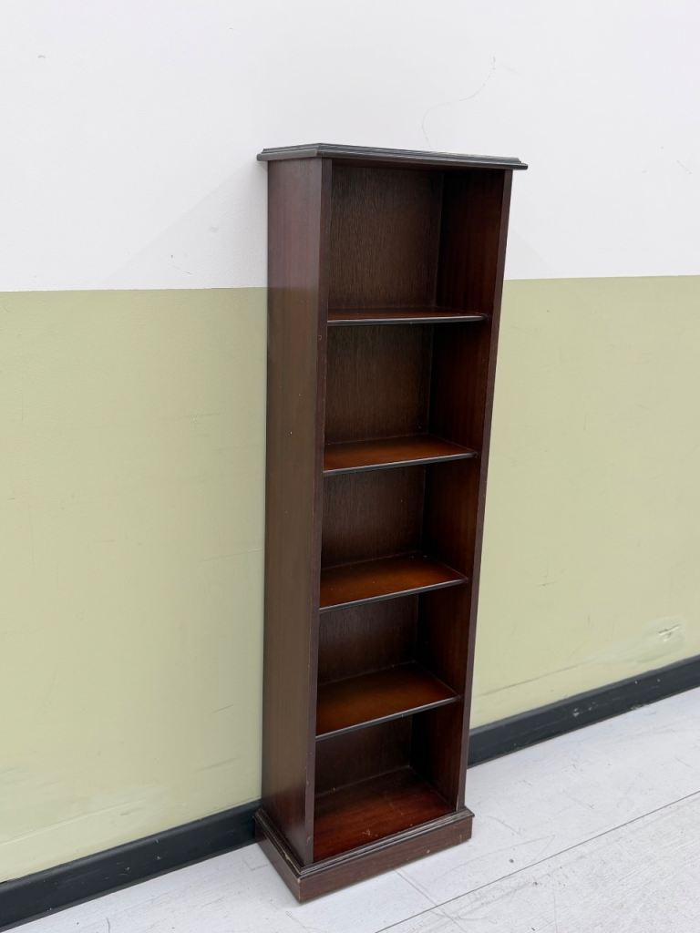 Vintage Small Narrow Dark Wood Bookcase / Shelving Unit