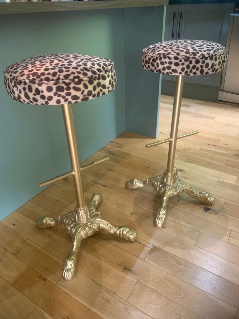 Pair of Leopard Print Bar Stools with Gold Cast Iron Bases