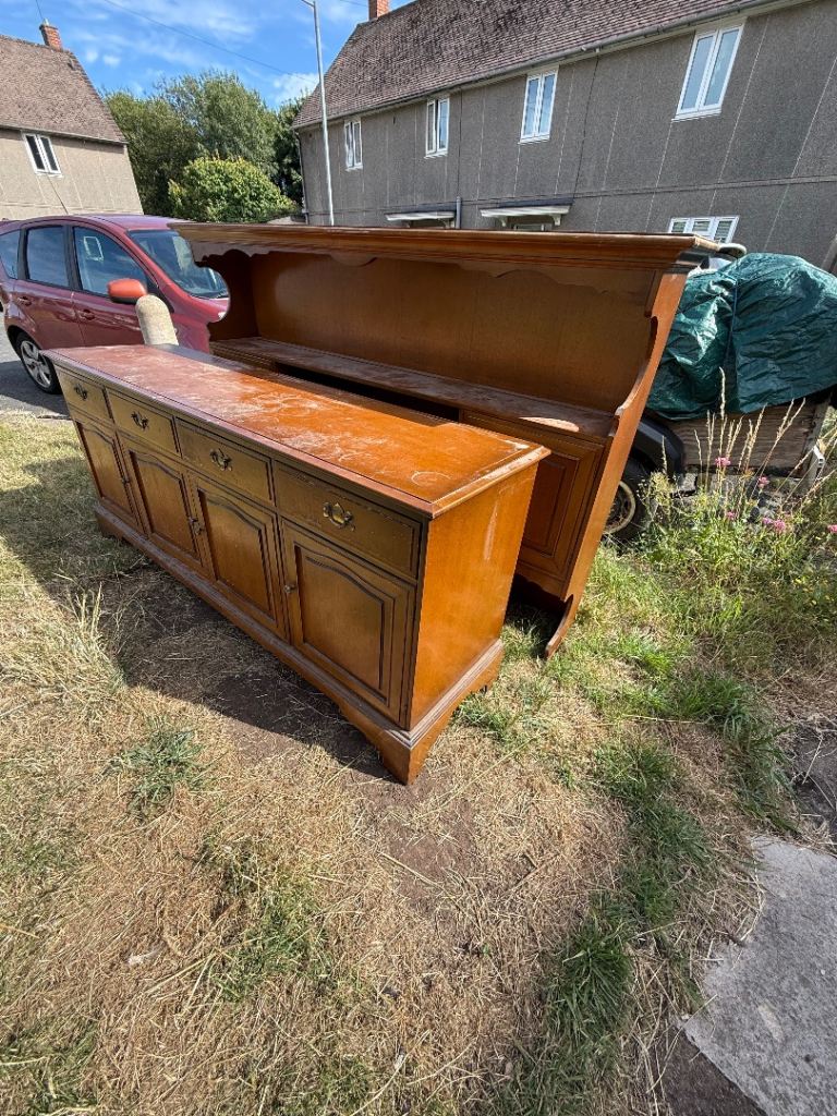 Large Wooden Sideboard with Display Top – Fair Condition