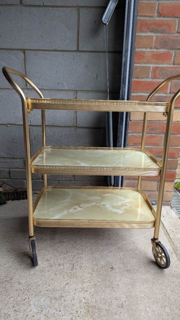 Vintage Gold Drinks Trolley with Marble Effect Shelves