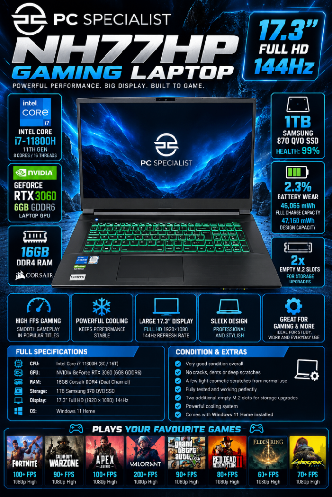 PC Specialist NH77HP Gaming Laptop i7-11800H RTX 3060 16GB RAM 1TB SSD