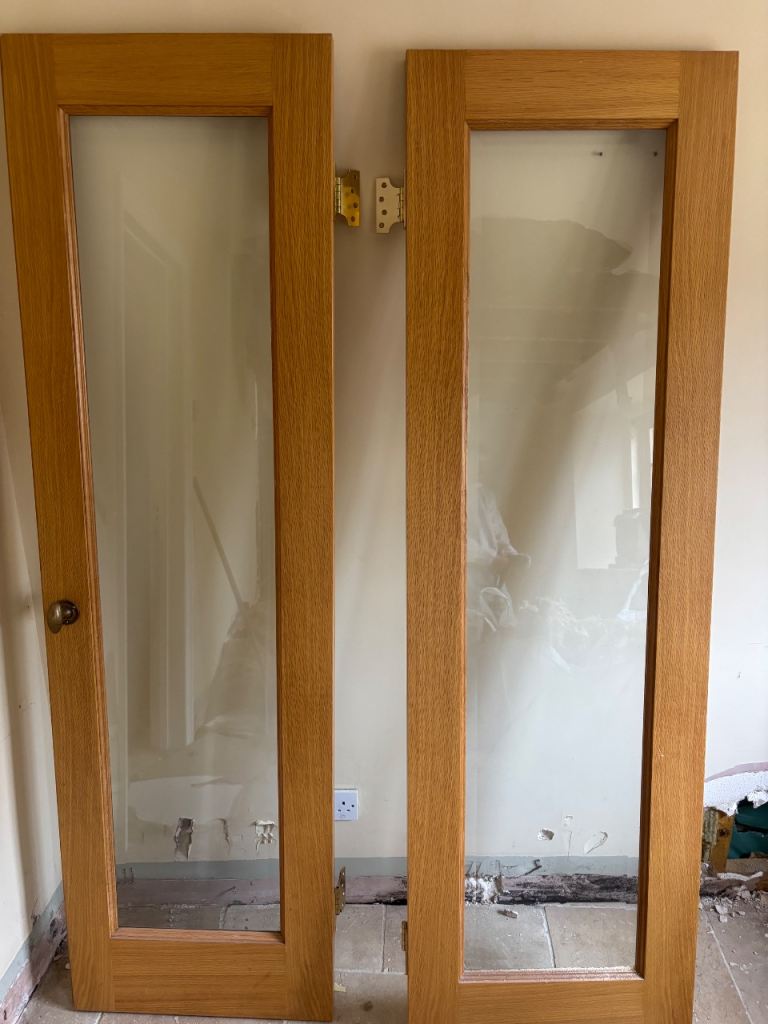 Pair of Oiled Internal Oak Doors with Glass Panels