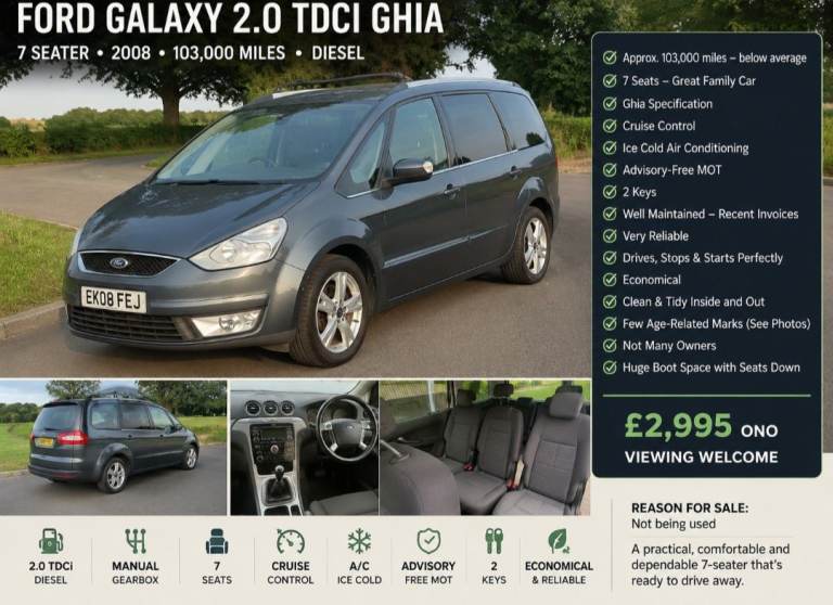 2008 Ford Galaxy 2.0 TDCi Ghia – 7 Seater – 105k – Recent MOT – 2 Keys