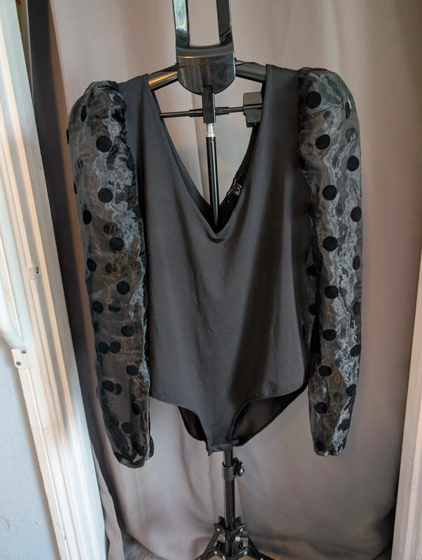 New Look Black Bodysuit 14 Sheer Polka Dot Long Puff Sleeve V Neck Party