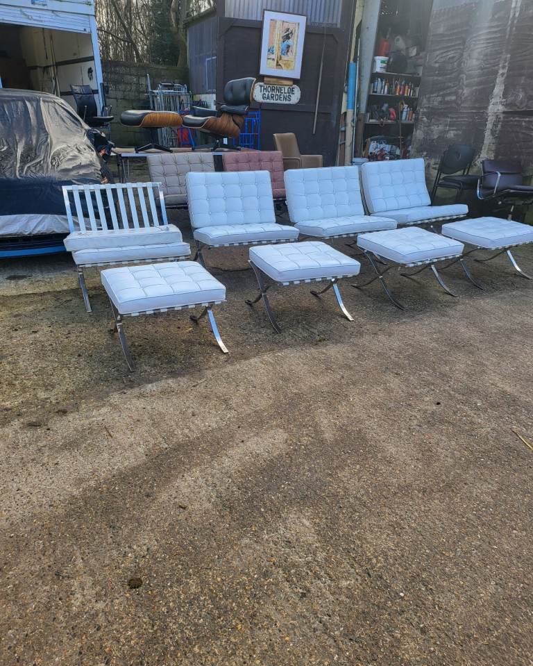 Last 2 Replica Mies Van Der Rohe Barcelona Chairs White with matching otterman