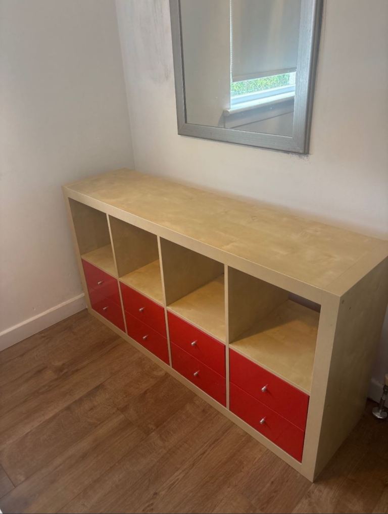 Multicoloured Wooden Storage Unit with Red Drawers