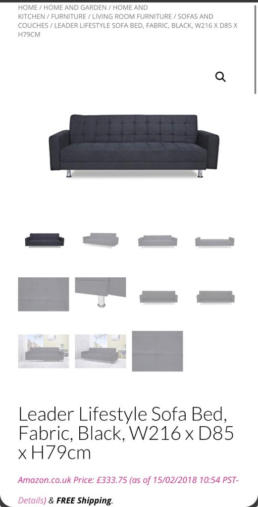 3 Seater Sofa Bed – Black/Charcoal – Fold Flat – £80