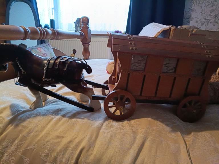 Wooden Gypsy Caravan and two china horses