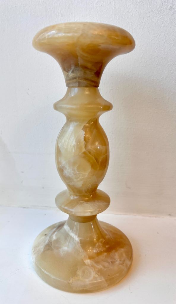 Vintage Polished Marbled Stone Pedestal Candlestick Holder – Beige, 16cm